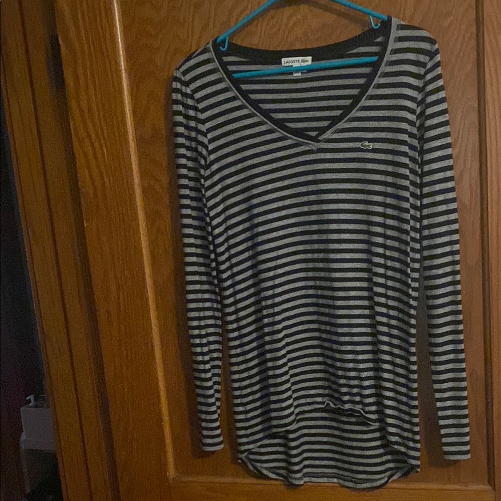 Lacoste Gray and Black Striped Hi-Low Long Sleeve Top Woman 42